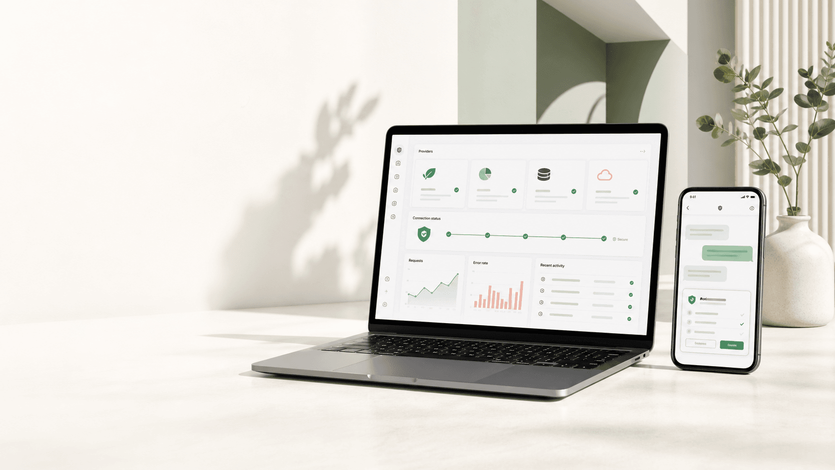 Danrovi dashboard and secure chat connection on a laptop and phone